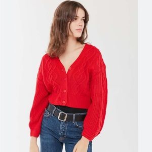 Women's Red UO Elena Cable Knit Cardigan Sweater